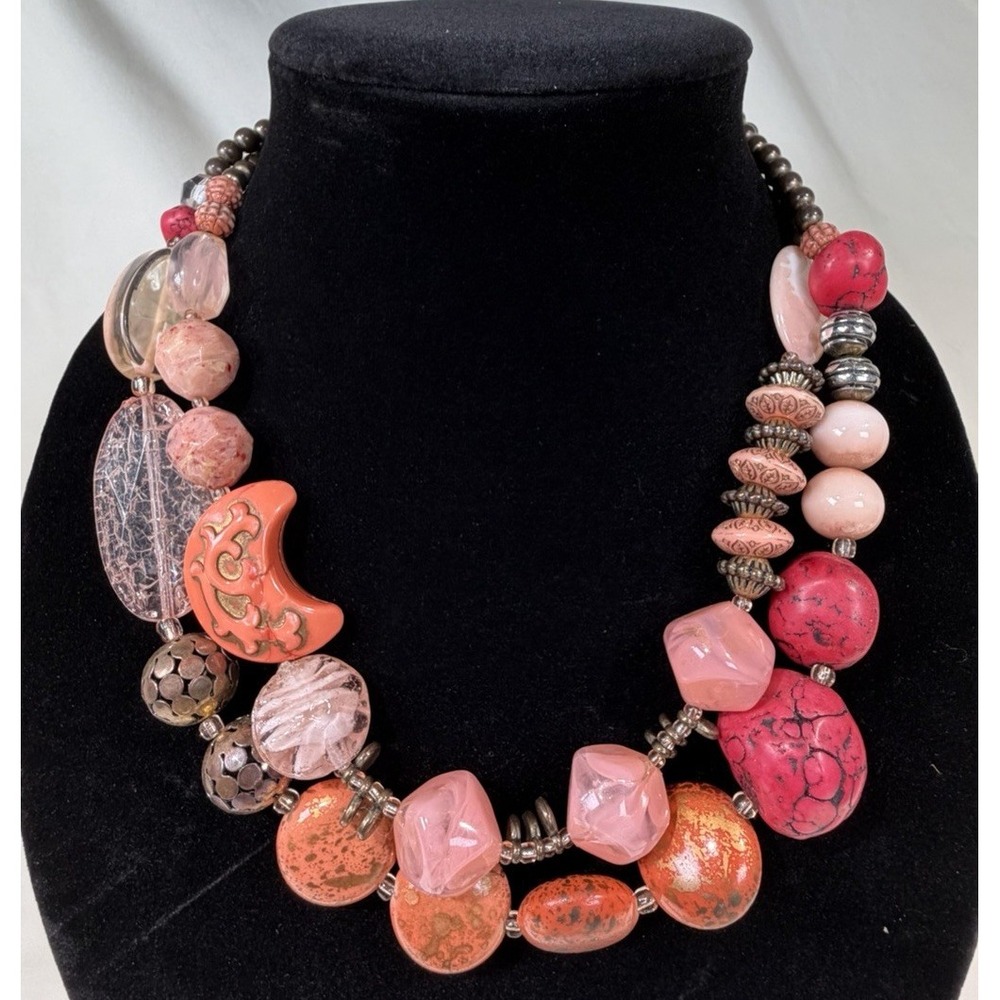 Multi Strand Statement Necklace Pink Coral Orange Bronze Beaded Adjustable Boho